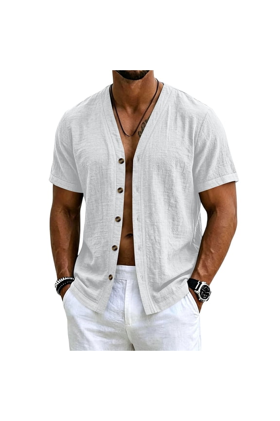 Mens Linen Shirt Button Down Short Sleeve V Neck Summer Beach Hawaiian Vacation Shirt,White(XXXL)