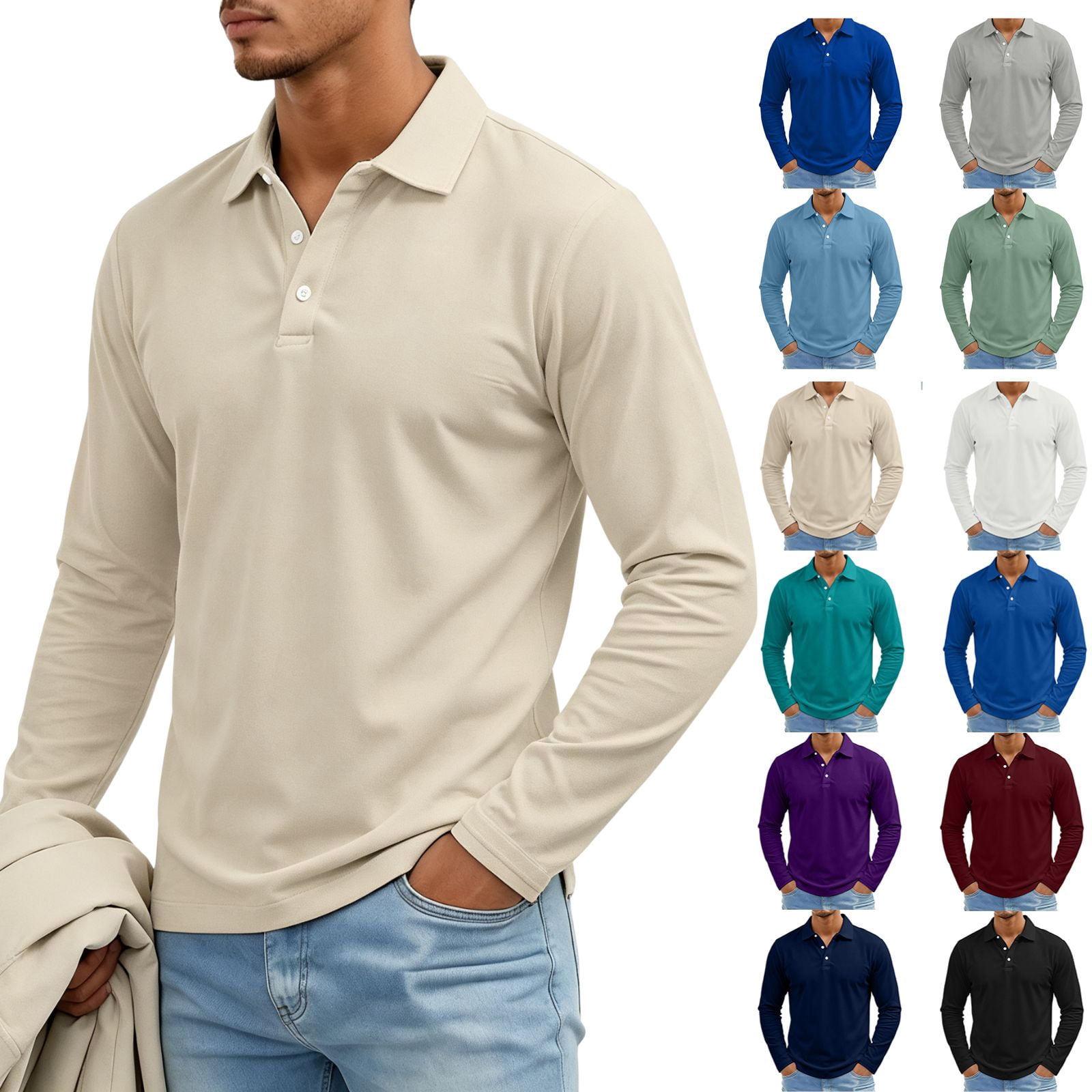 Bbyeadc Mens Polo Shirts Long Sleeve Outdoor Casual Solid Color Durable ...