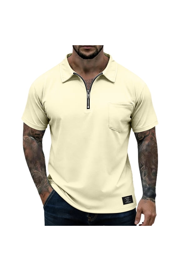 Mens Polo Shirts Short Sleeve Zipper Collared Polo T-Shirt Breathable Slim Polo Shirt Casual Spring T-Shirt with Chest Pocket,Beige (XXL)