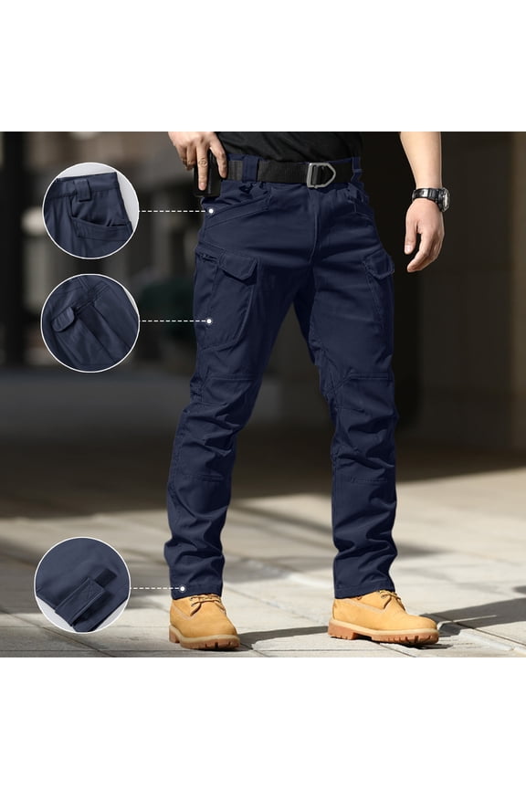 Mens Work Pants Straight Leg Breathable Combat Pants Button with Zippered Pockets Hiking Pants Fashion Hiking Bottoms,Blue(L)