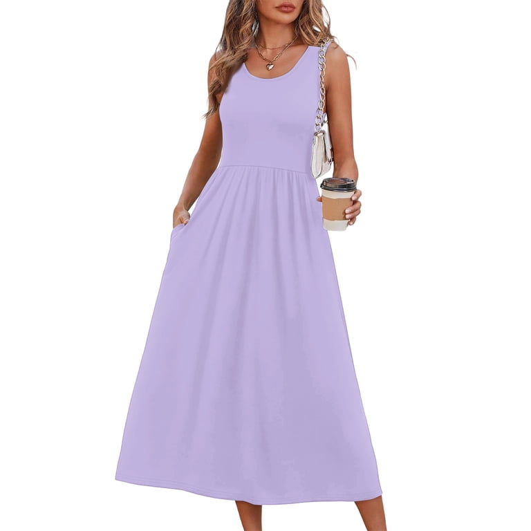 Bbyeadc Midi Dresses for Women 2026 Summer Sleeveless Wedding Guest A Line Tank Dresses Elegant Flowy Beach Long Sundress,Purple Pink (L)