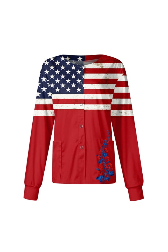 Oversize 250th Anniversary Women's Shirts Long Sleeve Crew Neck United States Flag Button Shirt Celebration United States Shirt Casual Summer Shirt,Red(XXXXXL)