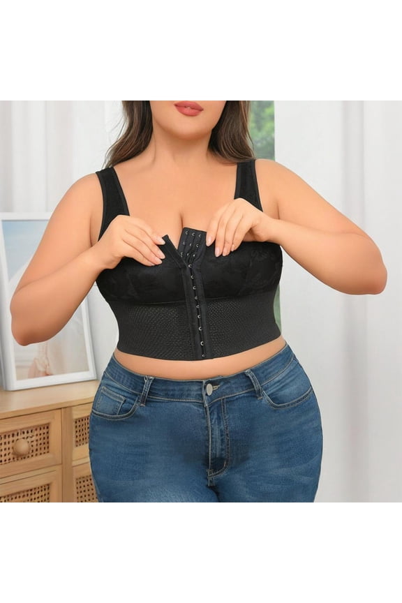 Oversize Front Closure Bras for Women Copper Tummy Control Corset Top Scoop Back Wireless Bralettes Fashion Stretchy Shapewear,Black(XXL)
