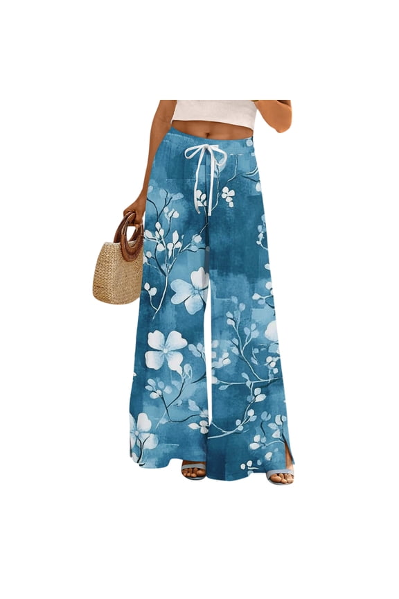 Palazzo Pants for Women Wide Leg Drawstring Floral Print Bottoms High Waist Side Split Hem Comfort Trousers Fashion Loose Pants,Blue (M)