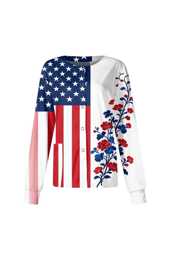 Plus Size 250th Anniversary United States Shirts for Women Long Sleeve United States Flag Button Shirt Crew Neck Gift Button Shirt Dressy Going Out Shirt,Red(XL)