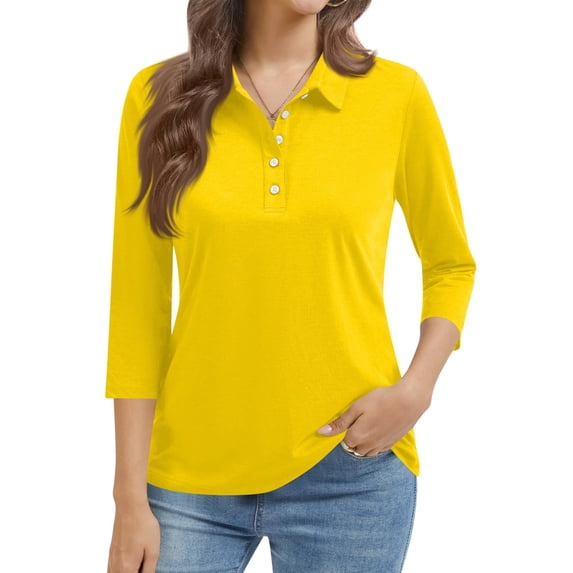 Bbyeadc Polo Shirts for Women 3/4 Length Sleeve Solid Color Polo Shirt Collared Slim Top Classic Going Out Shirt,Yellow(S)