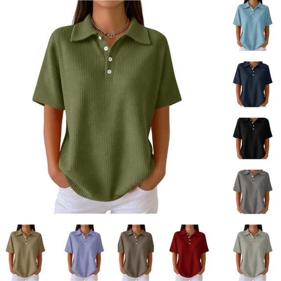 Bbyeadc Polo T Shirts for Women Short Sleeve Waffle Knit Loose Polo T-Shirt Collared Lightweight Top Classic Spring Shirt,Brown (M)