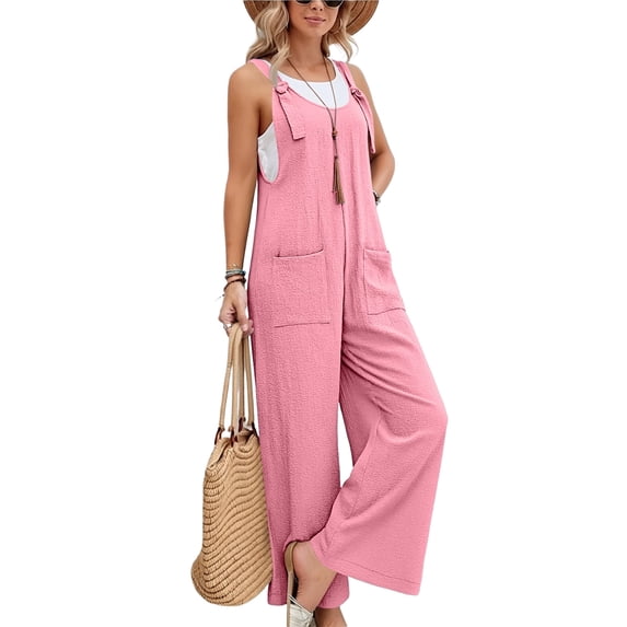 Bbyeadc Rompers for Women Sleeveless Linen Adjustable Straps Overalls Long Wide Leg Jumpsuits Casual Summer Beach Rompers with Pockets,Pink (XXL)