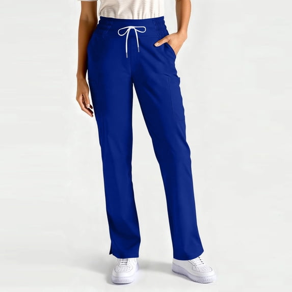 Bbyeadc Scrubs for Women Straight Leg Scrub Bottoms Drawstring Stretch Waist Scrub Pants Solid Color Medical Uniform with 4 Pockets,Blue(L)