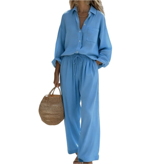 Bbyeadc Sets for Women 2 Piece Linen Long Sleeve Collared Button Down Shirt Drawstring Comfort Pants Summer Spring Travel Sets,Blue (XL)