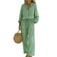 thumbnail image 1 of Bbyeadc Sets for Women 2 Piece Linen Long Sleeve Collared Button Down Shirt Drawstring Wide Leg Pants Spring Travel Sets,Green (XL), 1 of 5
