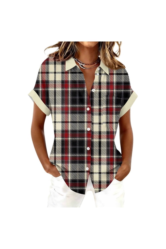 Short Sleeve Button Up Shirts for Women Crew Neck Tee Plaid Print Rolled Cuffs Top Fashion Loose Spring Shirts with Pocket,Gray(M)