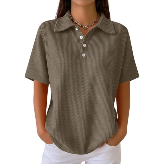 Bbyeadc Short Sleeve Polo Shirts for Women Waffle Knit Collared Golf T-Shirt Moisture Wicking Loose Polo Shirt Athletic Going Out Shirt,Brown (S)