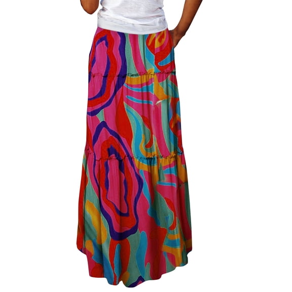 Bbyeadc Skirts for Women Boho Floral Print A Line Patchwork Tiered Skirt Maxi Ruched Drawstring Classic Skirts for Vacation,Multicolor (S)