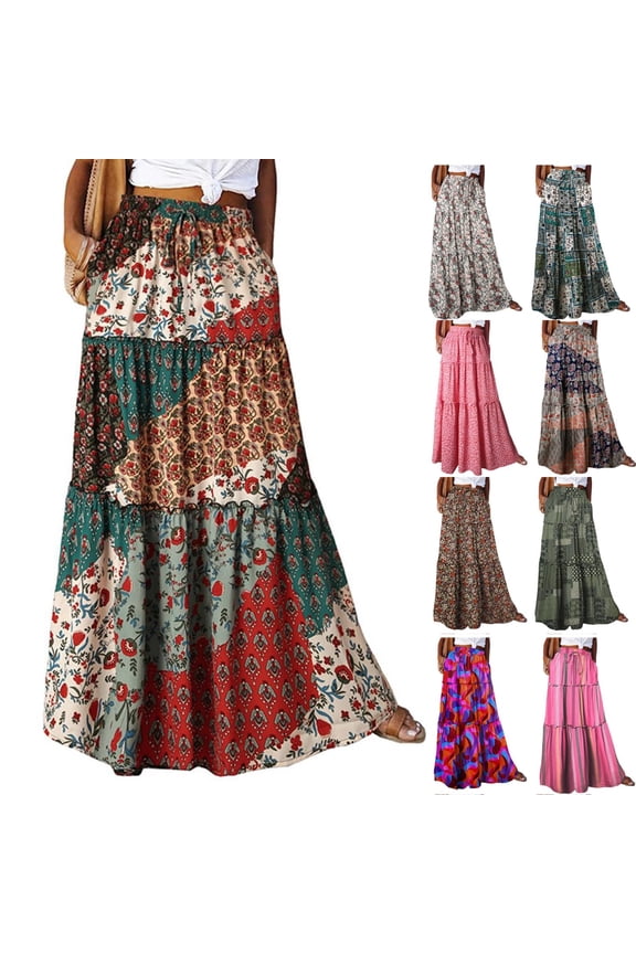 Skirts for Women Maxi A Line Tiered Patchwork Skirt Boho Floral Print Pleated Drawstring Casual Skirts for Vacation,Red (S)