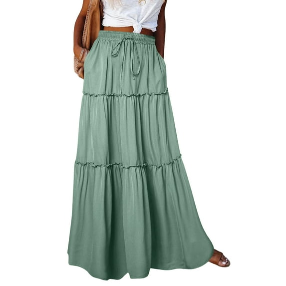 Bbyeadc Skirts for Women Ruched Tiered Drawstring Skirt Maxi A Line Patchwork Classic Skirts for Beach Vacation,Green (XL)