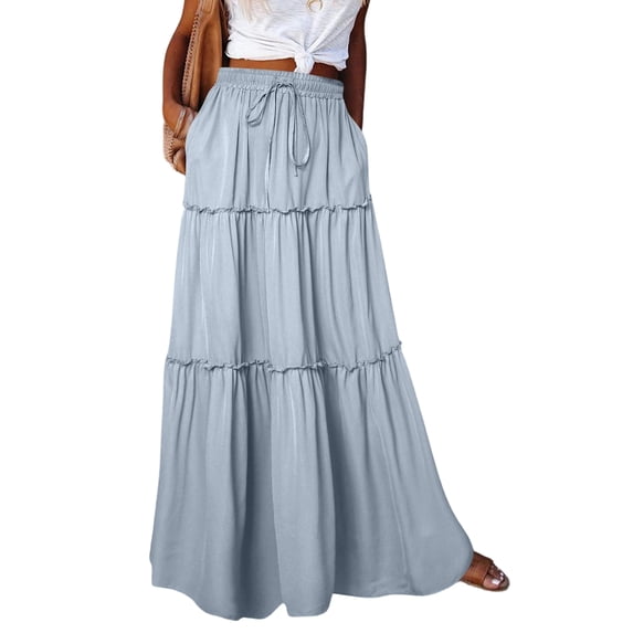 Bbyeadc Skirts for Women Trendy A Line Tiered Patchwork Skirt Flowy Drawstring Casual Skirts for Beach Vacation,Blue (XL)