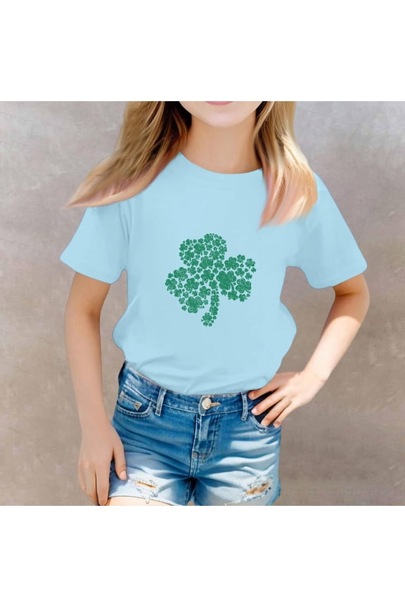 St Patrick's Day Short Sleeve T-Shirt for Girls Shamrock Crew Neck Shirt Lightweight Streetwear Festival Irish Holiday Party,Light Blue(160)