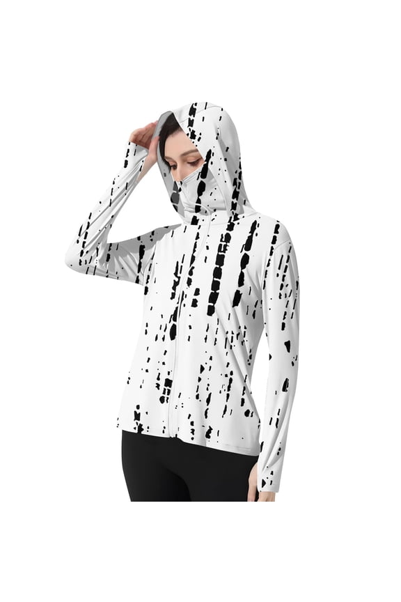 Summer Jackets for Women Full Zip Sun Hoodie with Thumb Holes UPF 50+ Breathable Abstract Line Print UV Blocking Coat for Beach,White (XXL)