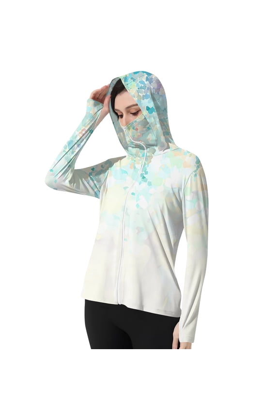 Summer Jackets for Women Lightweight Full Zip Sun Protection Top UPF 50+ Mosaic Print Hoodie with Thumb Holes for Outdoor,Light Green (S)