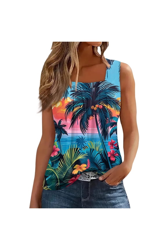 Tank Tops for Women Hawaiian Tropical Print Sleeveless Tank Loose Shirt Casual Spring Summer Everyday Wear,Blue (L)