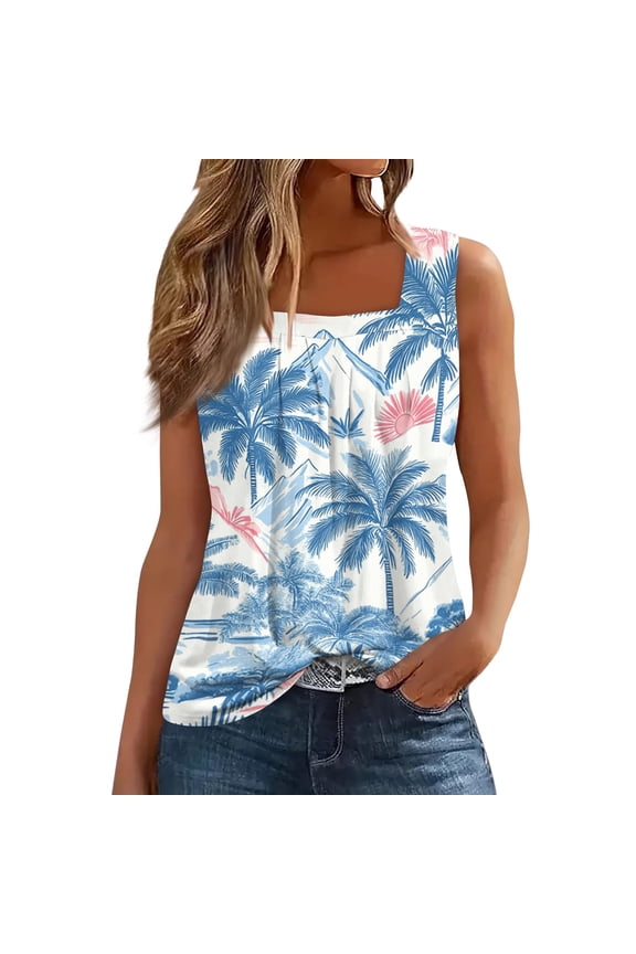 Tank Tops for Women Hawaiian Tropical Print Sleeveless Tank Top Square Neck Shirt Casual Spring Everyday Wear,Blue (S)