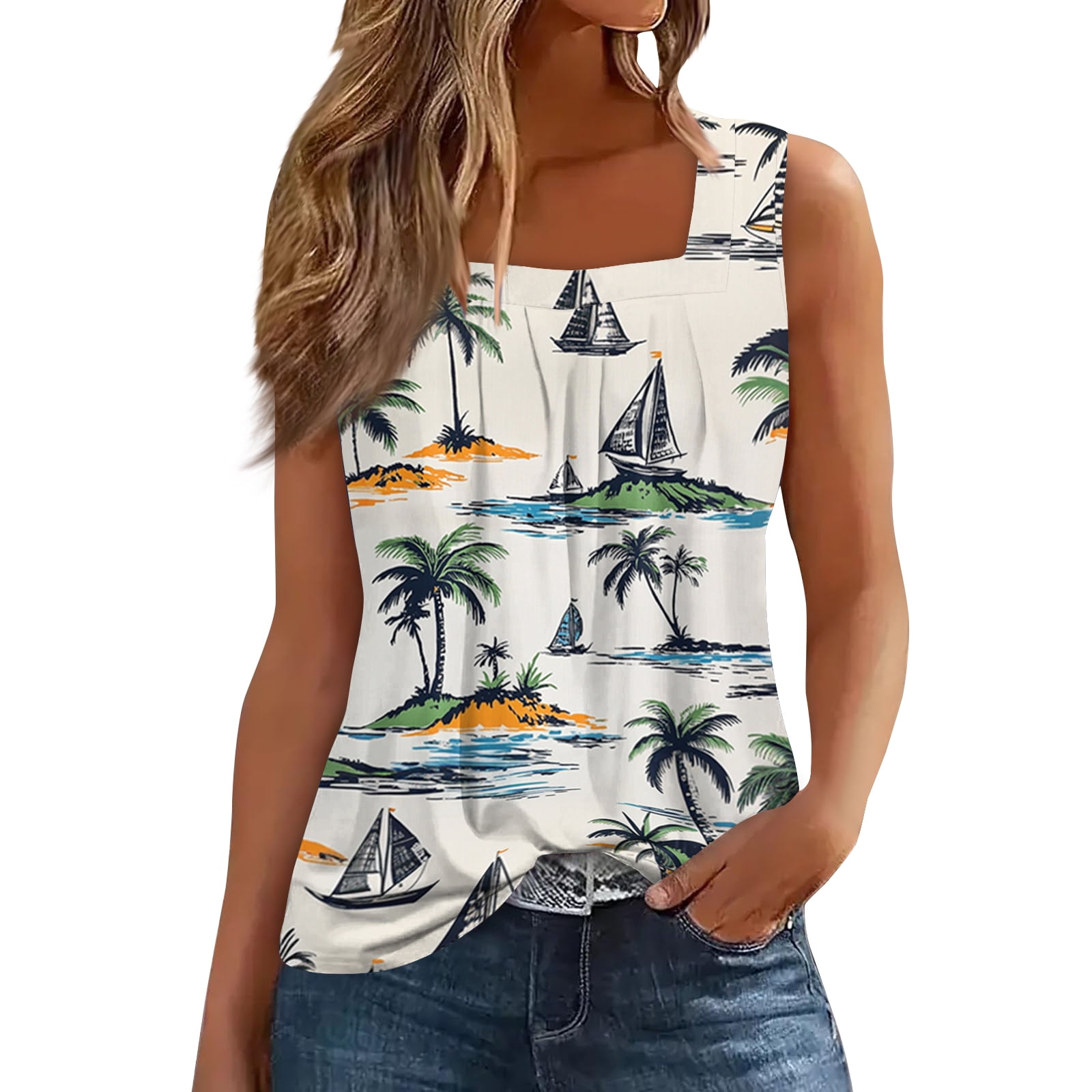 Bbyeadc Tank Tops for Women Hawaiian Tropical Print Square Neck Tank ...