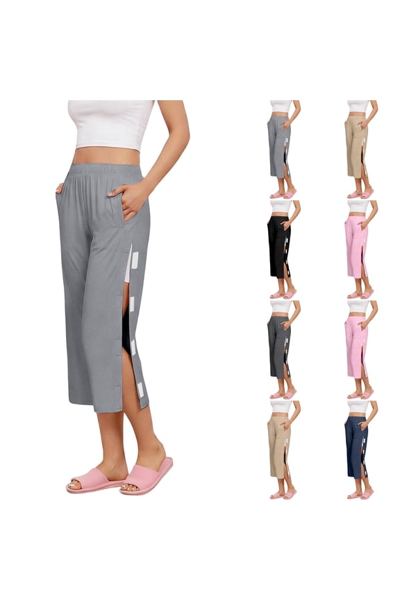 Tear Away Capri Women Pants for Surgey Breakaway Post Surgery Recovery Wide Leg Knee Ankle Replacement Adaptive Pant,Black (XXL)