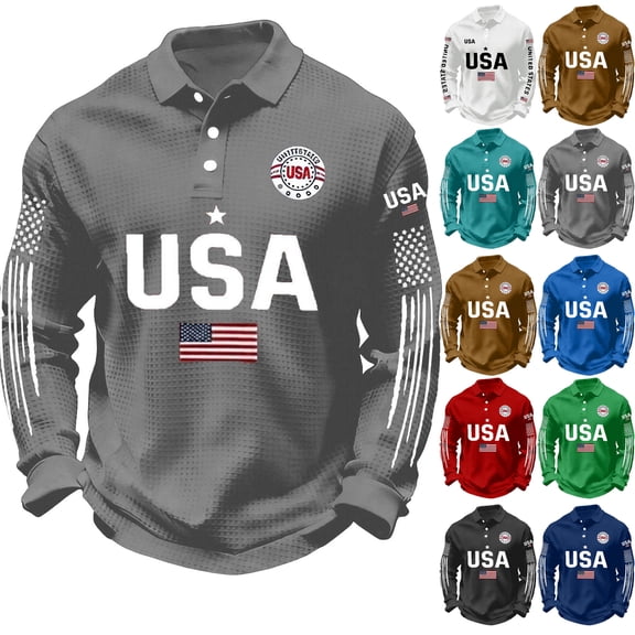 Bbyeadc United States 250Th Anniversary Polo Shirt for Men USA Flag Print Waffle Long Sleeve Golf Shirt Patriotic Tee,Gray (S)