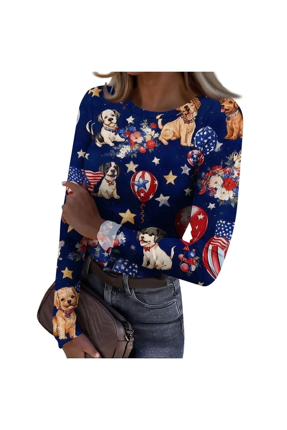 United States Shirts for Women Long Sleeve Flag Print Freedom T-Shirt Crew Neck Knit Tee Patriotic Celebration for Independence Day,Dark Blue(L)