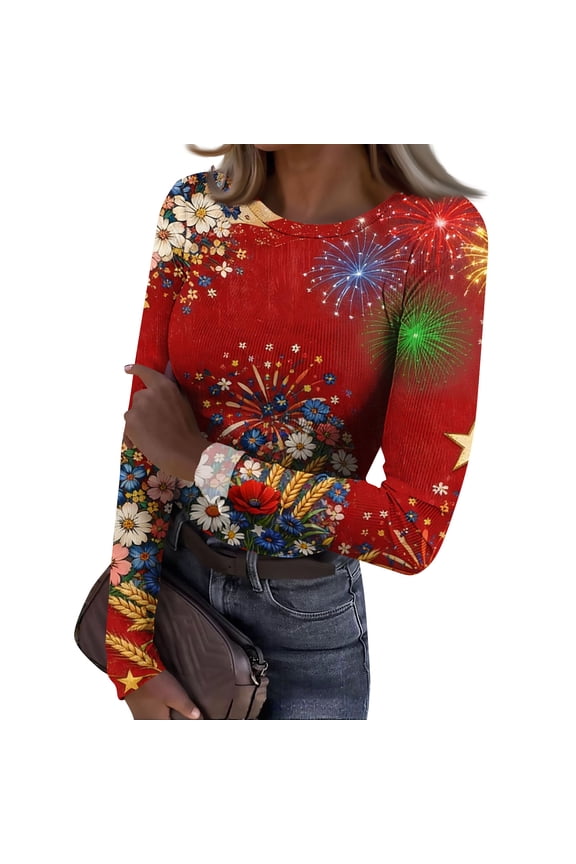 United States Shirts for Women Flag Print Long Sleeve Freedom T-Shirt Knit Round Neck Top Patriotic Gift for Independence Day,Wine(S)