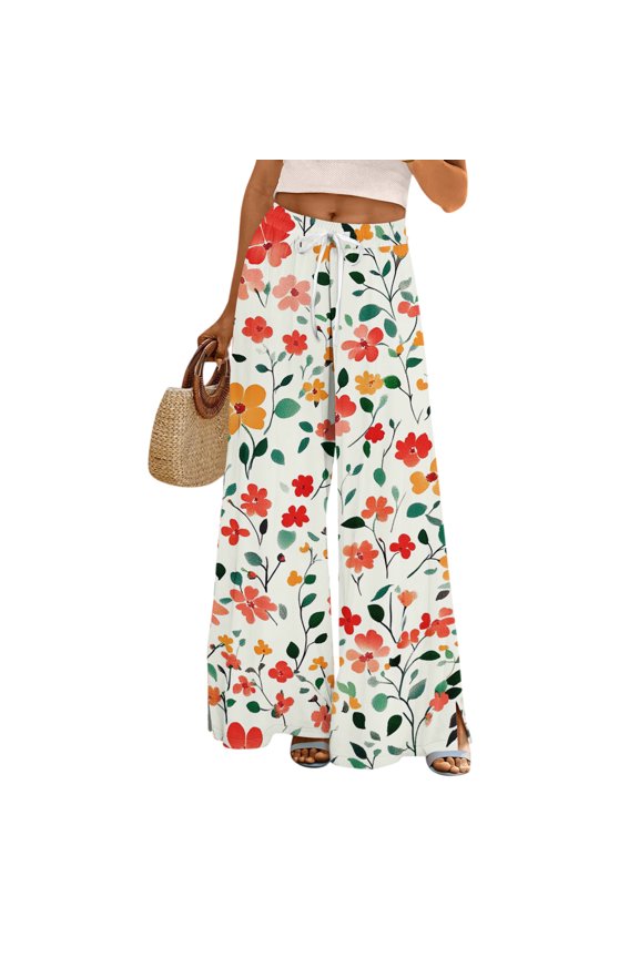 Wide Leg Pants Women Drawstring Loose Floral Print Bottoms Lightweight Trousers Running Pants High Waist Side Split Hem,Yellow (M)