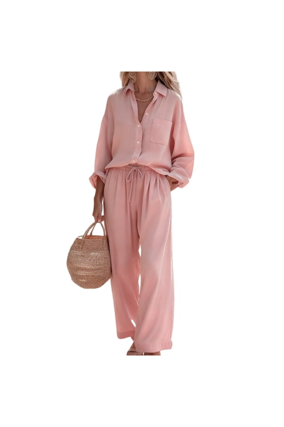 Women Two Piece Linen Outfits Sets Collared Long Sleeve Button Down Shirt Comfort Drawstring Pants Going Out Travel Sets,Pink (M)