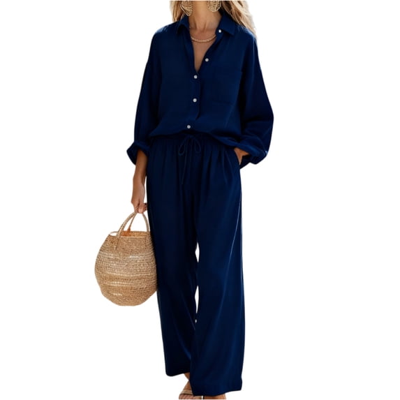 Bbyeadc Women Two Piece Linen Outfits Sets Long Sleeve Collared Button Down Shirt Wide Leg Drawstring Pants Everyday Travel Sets,Blue (S)