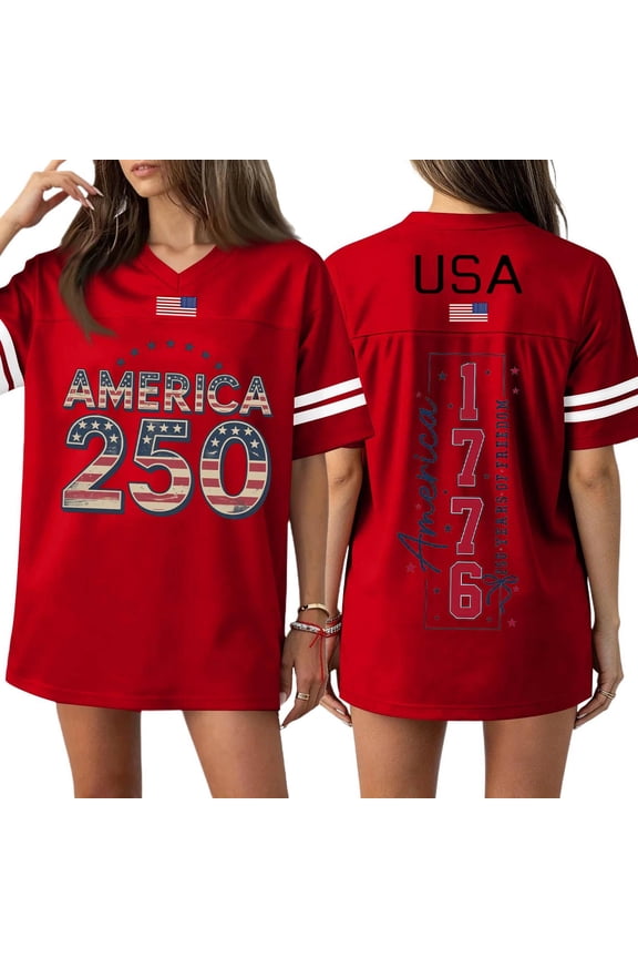 Women's 250th Anniversary USA Athletic Jersey Shirts, 1776-2026 Double-Sided Graphic V-Neck Shirt, Patriotic Varsity Striped Top,Red (XXL)