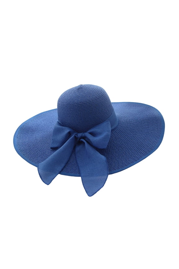Women's Boho Bow Floppy Straw Sun Hat, UPF 50+ Wide Brim UV Protection, Foldable Packable Summer Beach Hat,Royal Blue (One Size)