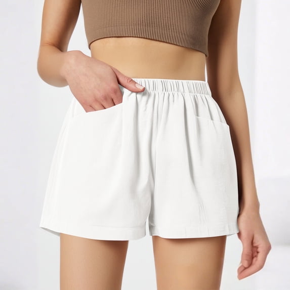 Bbyeadc Women's Linen shorts Straight Leg Bottoms Comfort Elastic Waist Solid Color Shorts Casual Mid Waist Short Pants,White(XL)