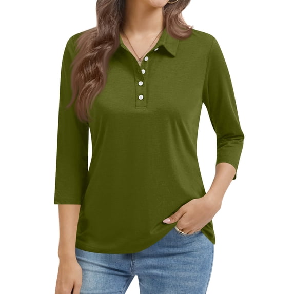 Bbyeadc Women's Polo Shirts 3/4 Length Sleeve Collared Polo Shirt Slim Lightweight Golf T-Shirt Fashion Tennis Shirt,Army Green(S)
