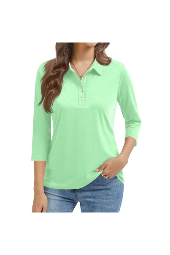 Women's Polo Shirts 3/4 Length Sleeve Slim Polo T-Shirt Lightweight Collared Top Athletic Summer Spring T-Shirt,Mint Green(S)