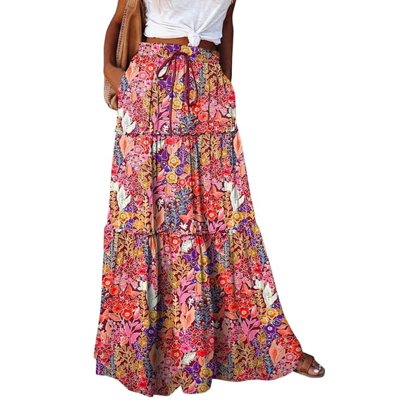 Bbyeadc Women's Skirts Boho Floral Print A Line Tiered Drawstring Skirt Maxi Patchwork Ruched Trendy Skirts for Beach,Pink (S)