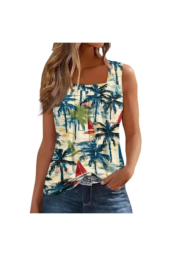 Women's Tank Tops Square Neck Hawaiian Tropical Print Tank Top Sleeveless Shirt Casual Spring Everyday Wear,Blue (L)