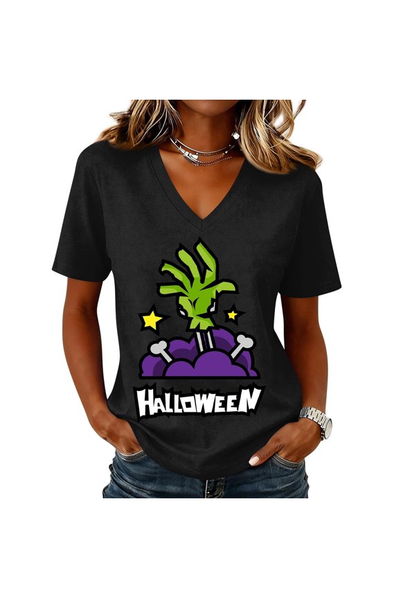 Womens Halloween Shirts V Neck Tee Short Sleeve Zombie Hand Rising From Graveyard Graphic Casual Spooky Party Top,Black(XXXL)