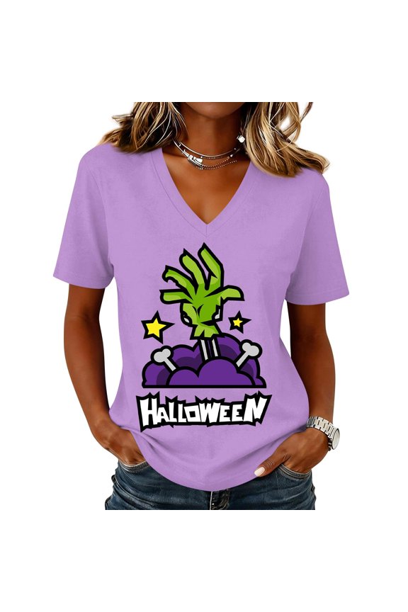 Womens Halloween Shirts V Neck Tee Short Sleeve Zombie Hand Rising From Graveyard Graphic Casual Spooky Party Top,Purple(S)