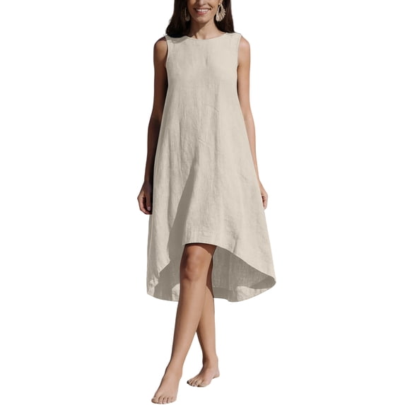 Bbyeadc Womens Linen Dresses Sleeveless Crew Neck Midi Dresses Loose Solid Color Swing Sundresses Summer Casual Vacation ,Beige (S)