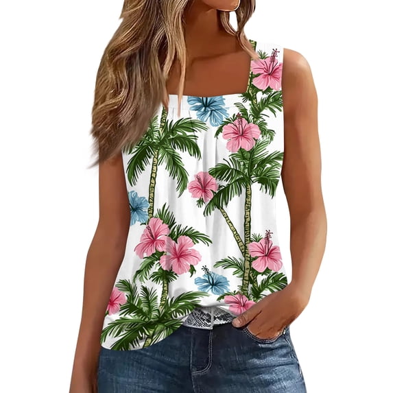 Bbyeadc Womens Tank Top Hawaiian Tropical Print Sleeveless Tank Top Square Neck Shirt Beach Vacation Everyday Wear,Green (L)