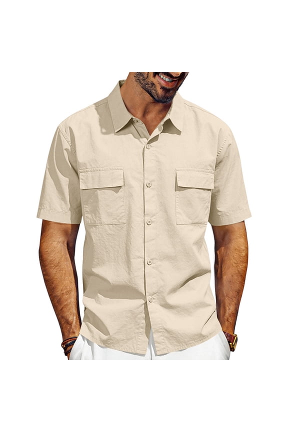 Work Shirts for Men Button Down Short Sleeve Shirt Regular Fit Button Up Work Shirts with Two Pockets,Khaki(XXXL)