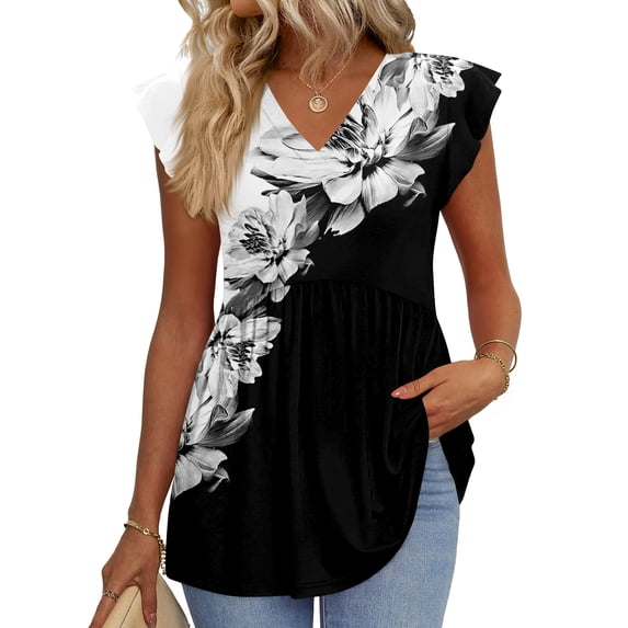 Bbyeadc women'sBlouses Dressy Casual Short SleevePullover Floral Print V Neck Top Casual Loose Rolled Cuffs Pullover,Gray(XXL)