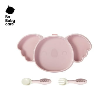 Bc Babycare Baby 3-in-1 Silicone Suction Plate Set,Include Spoon, Fork and Straw,Divided Design for Picky Eaters, Microwave & Dishwasher Safe, Pink Koala