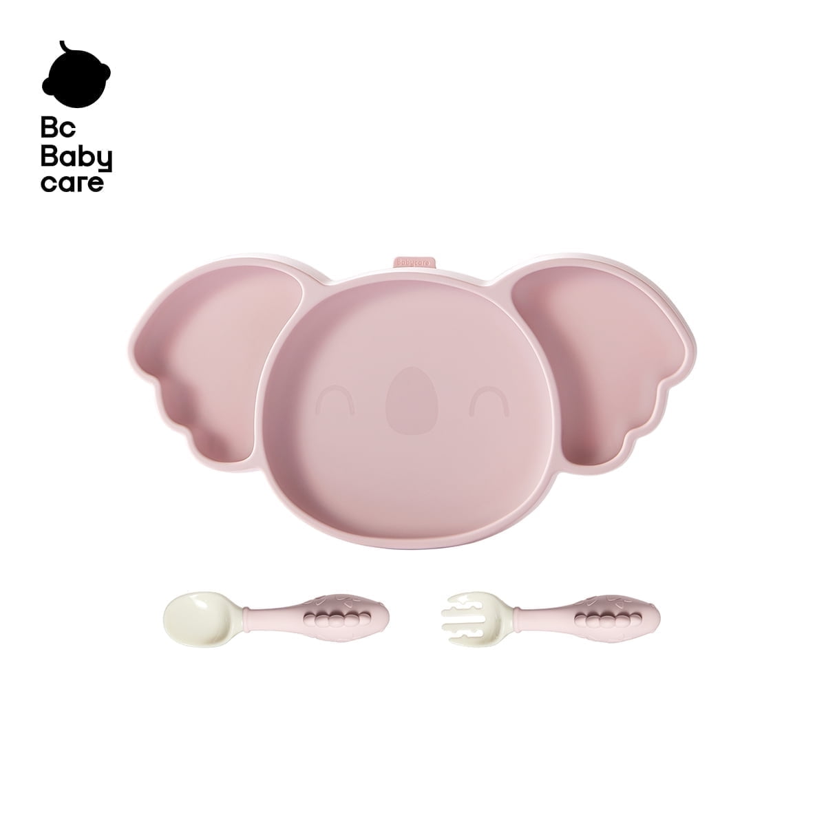 Bc Babycare Baby 3-in-1 Silicone Suction Plate Set,Include Spoon, Fork and Straw,Divided Design for Picky Eaters, Microwave & Dishwasher Safe, Pink Koala