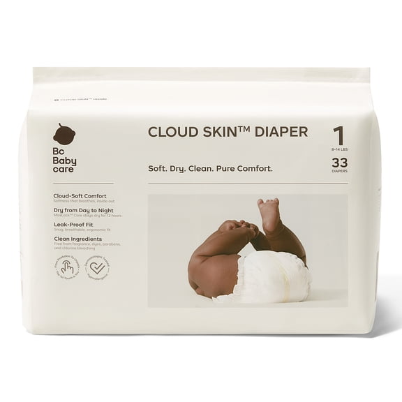 Bc Babycare Cloud Skin Disposable Baby Diapers, Ultra Soft, Hypoallergenic, 12-Hour Leak Protection and Dry, Size 1(8-14 lbs), 33 ct